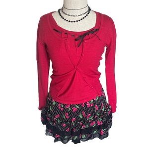 ⋆｡°✩ raspberry thin knit cardigan and top set - has a pretty satin bow detail
